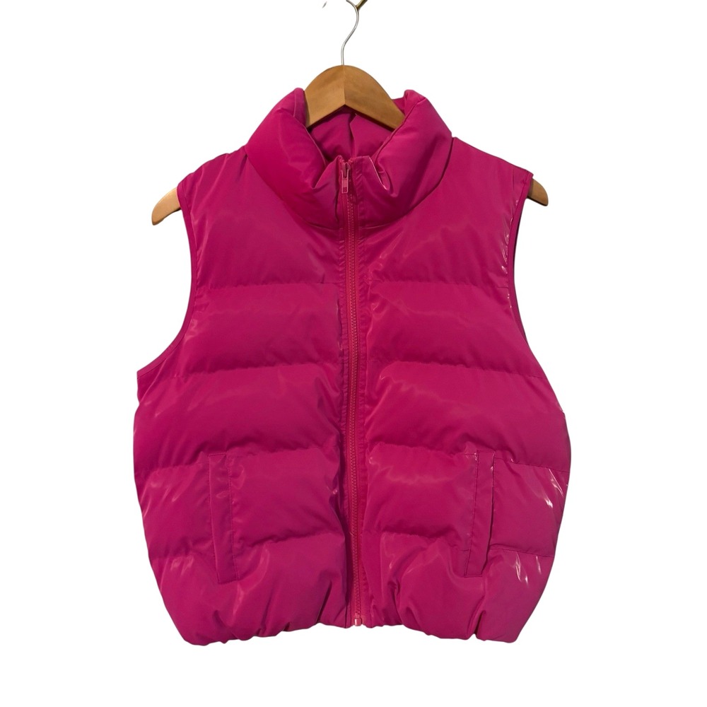 Glossy Pink Puffer Vest Womens Size S Quilted Shiny‎ Zip Up Bratz Y2k Gorpcore - Picture 2 of 10